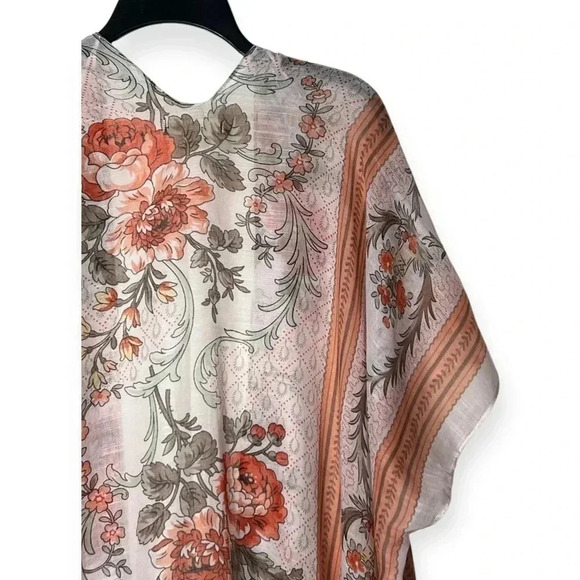 1816. ALCHEMY THREAD FRINGE FLORAL PONCHO LIKE KIMONO ORANGE/CREAM‎ ONE SIZE - Picture 8 of 9